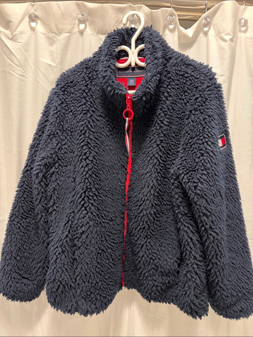 Tommy Hilfiger Navy Sherpa Jacket with Red Zip Trim